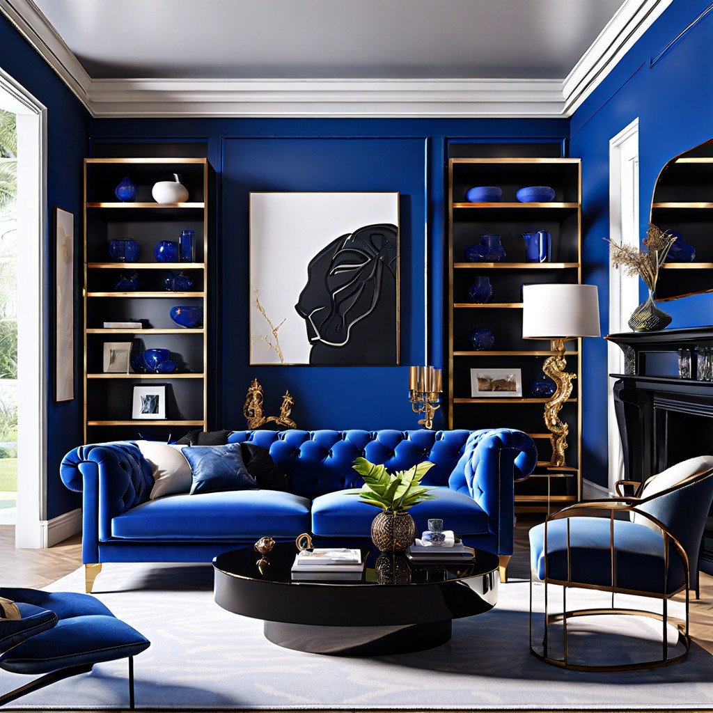 high gloss drama incorporate high gloss black tables or shelves against the blue