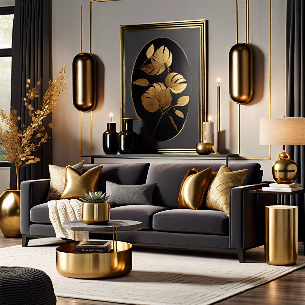 highlight a dark grey couch with brass or gold accent decor