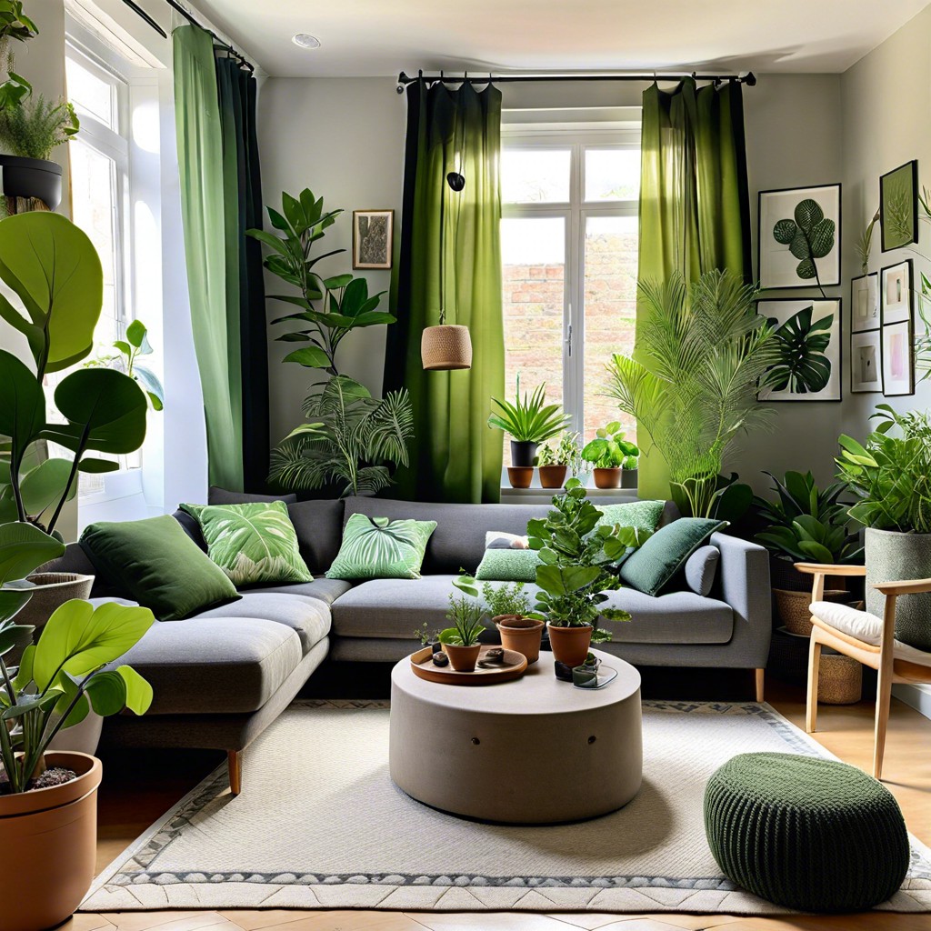 highlight a grey sofa with an array of greenery and botanical prints