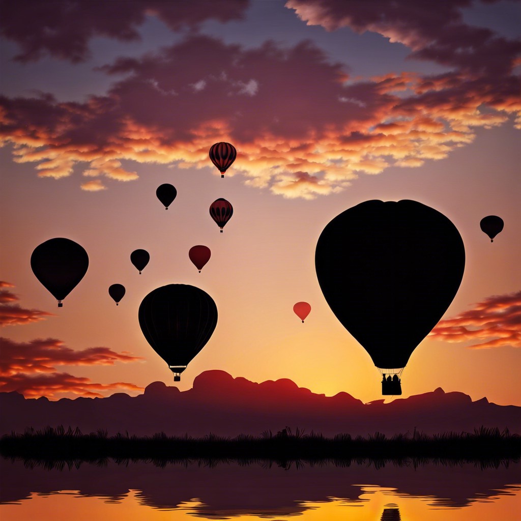 hot air balloons floating at dusk