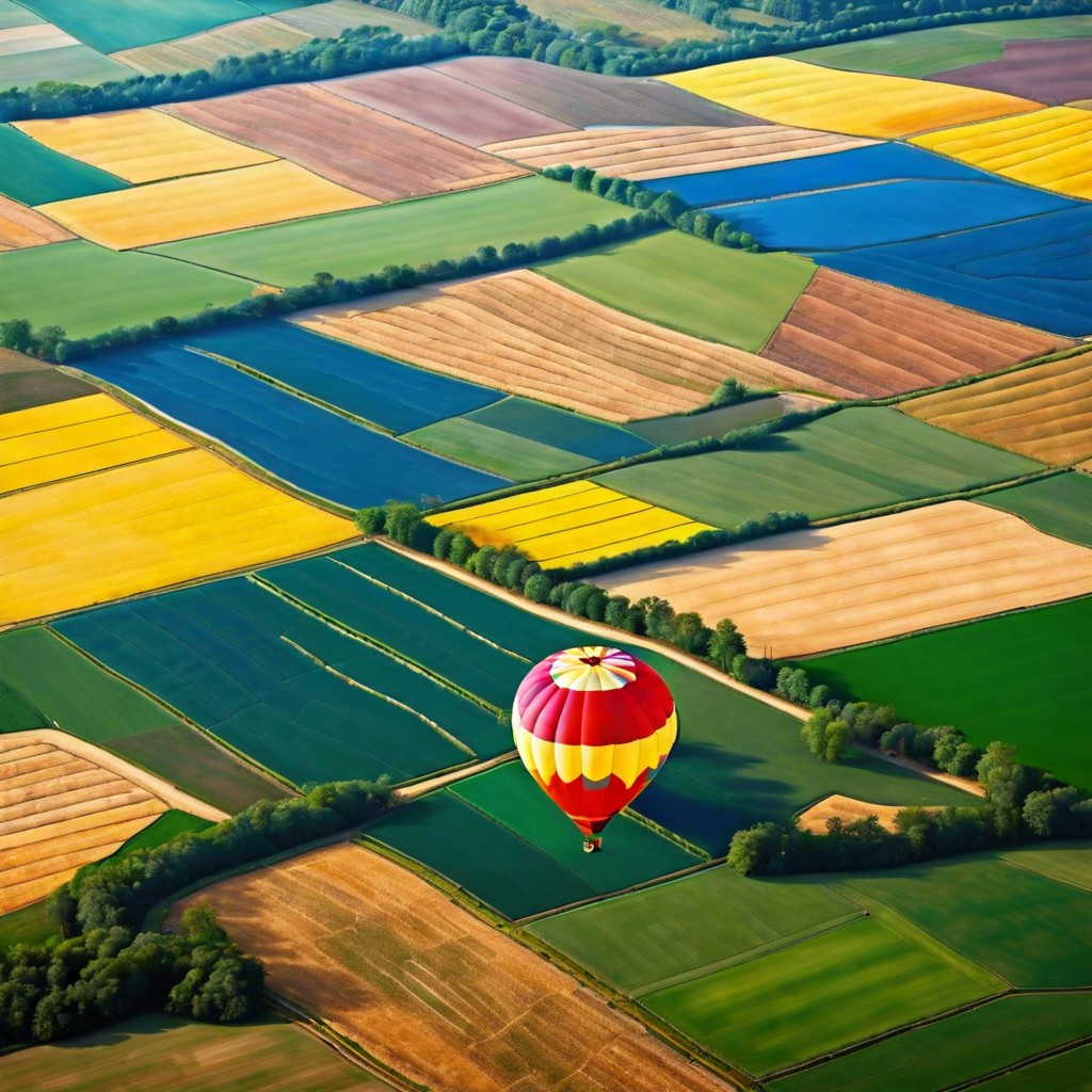 hot air balloons over a patchwork of fields