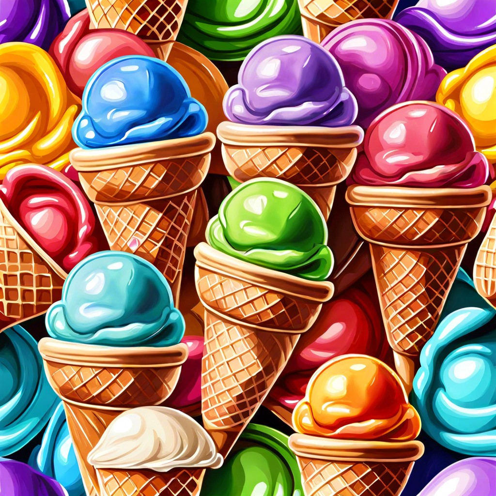 ice cream cones piled high with different flavors