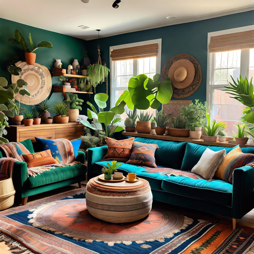 incorporate a blue sofa in a bohemian inspired room with layered textiles