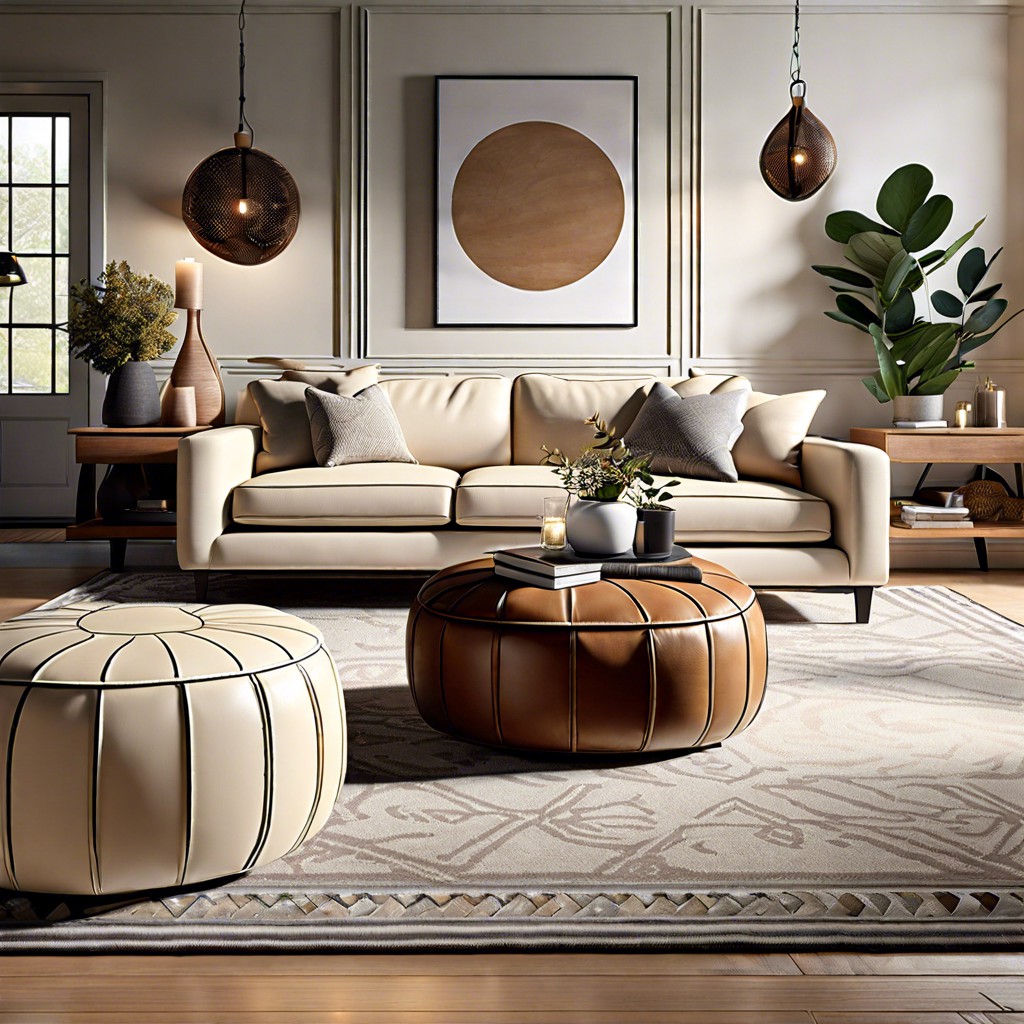 incorporate a cream leather pouf as an accent piece