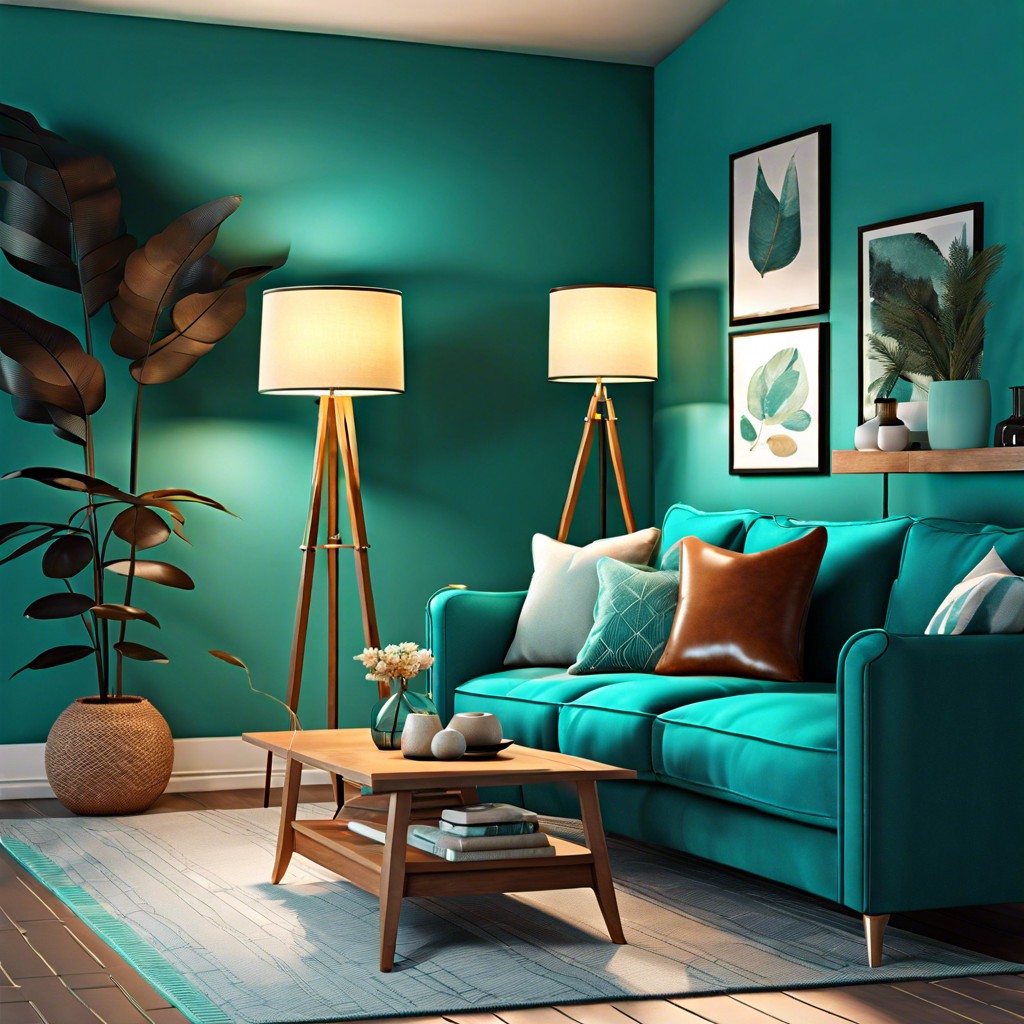 incorporate a floor lamp with a teal shade for layered lighting