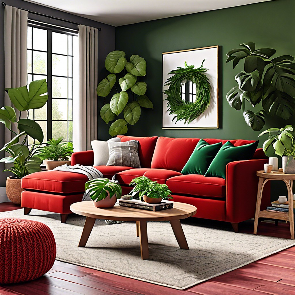 incorporate green plants to contrast and enhance the vibrant red