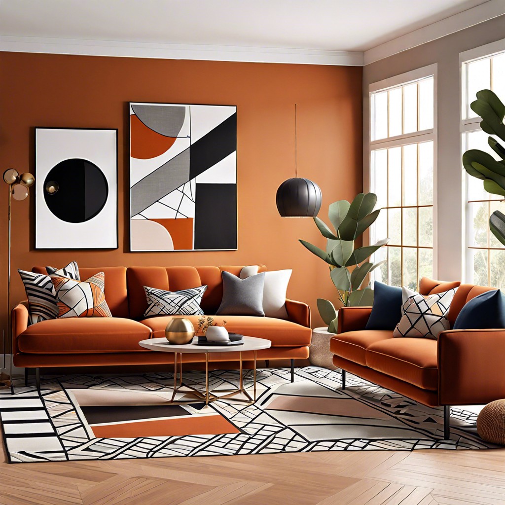 incorporating geometric patterns to complement the boldness of a burnt orange sofa
