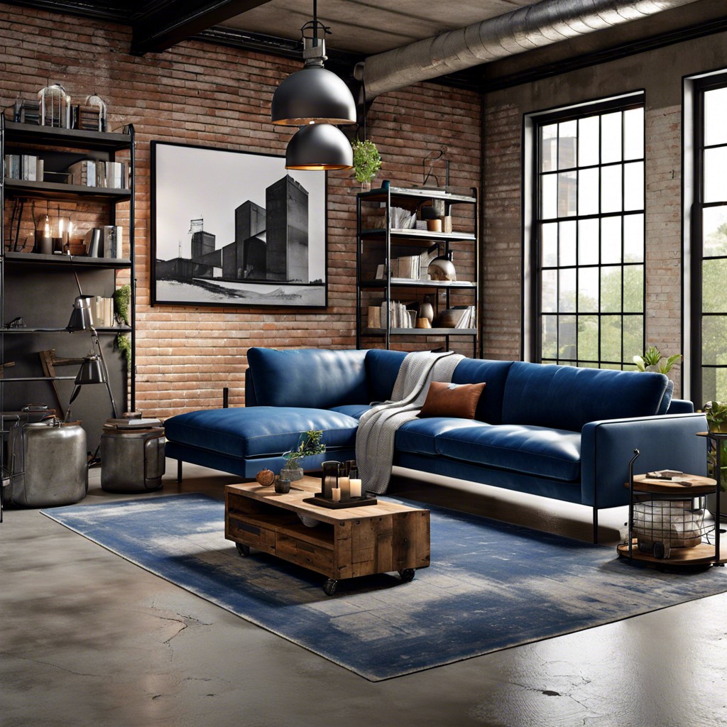 industrial edge with blue sofa amp metal shelving