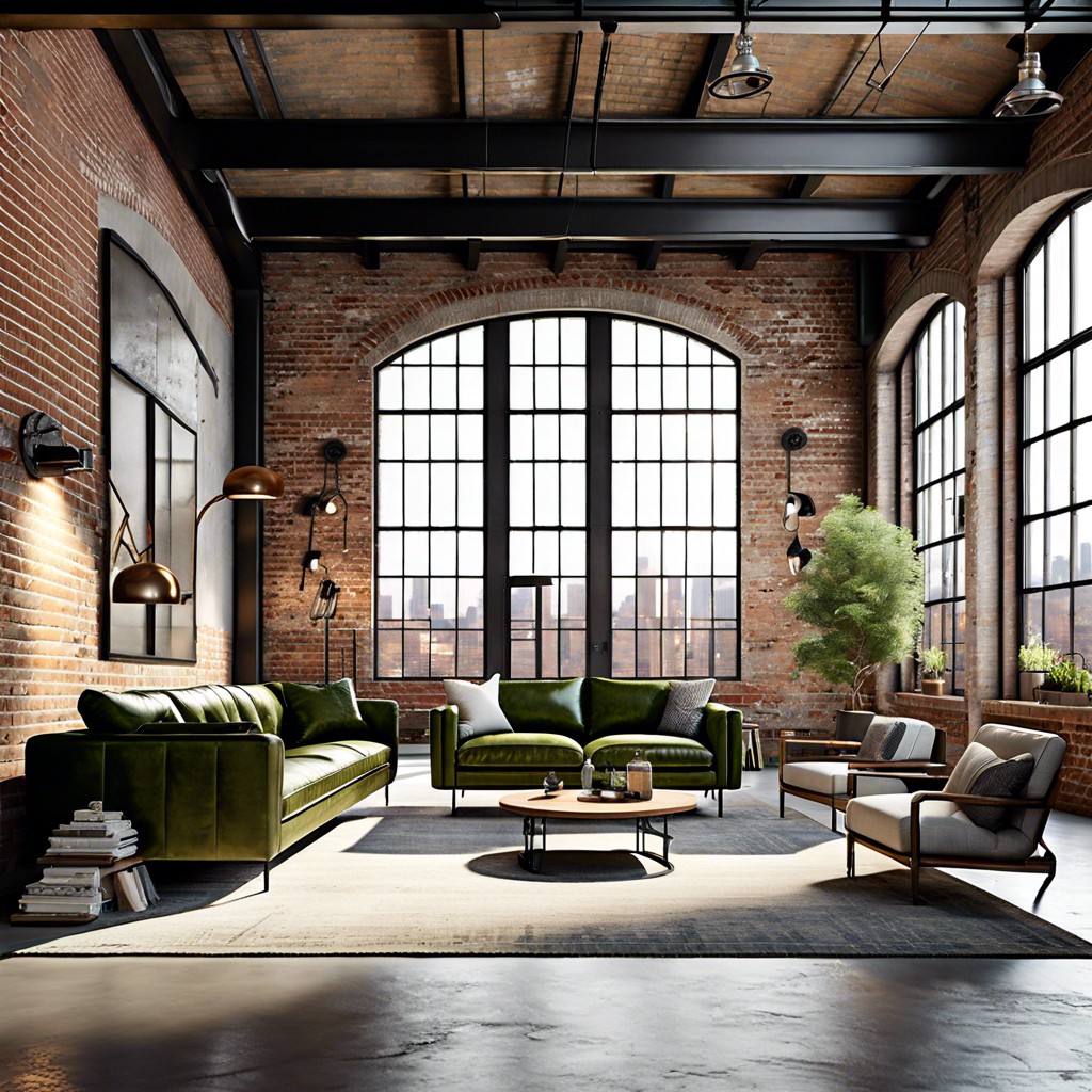 industrial loft meets olive green sofa
