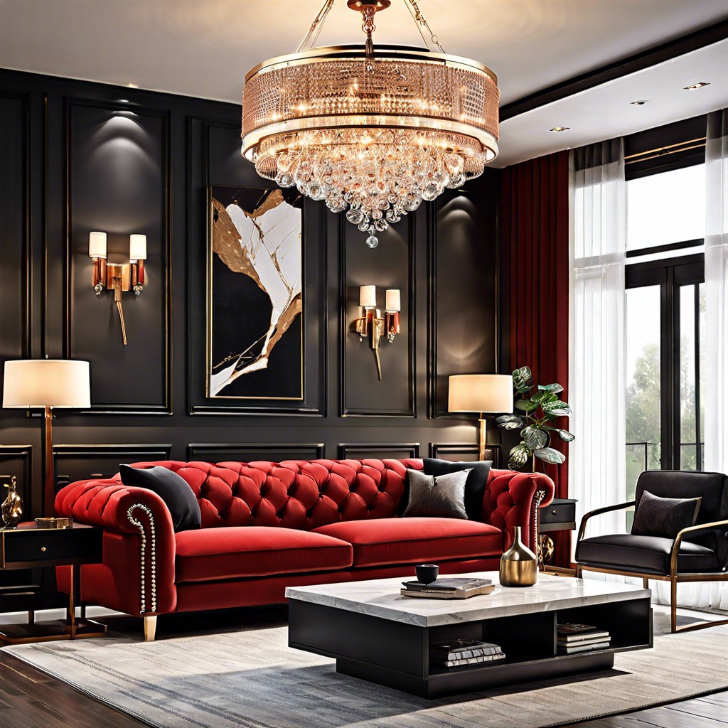 install a dramatic modern chandelier to complement the bold red couch