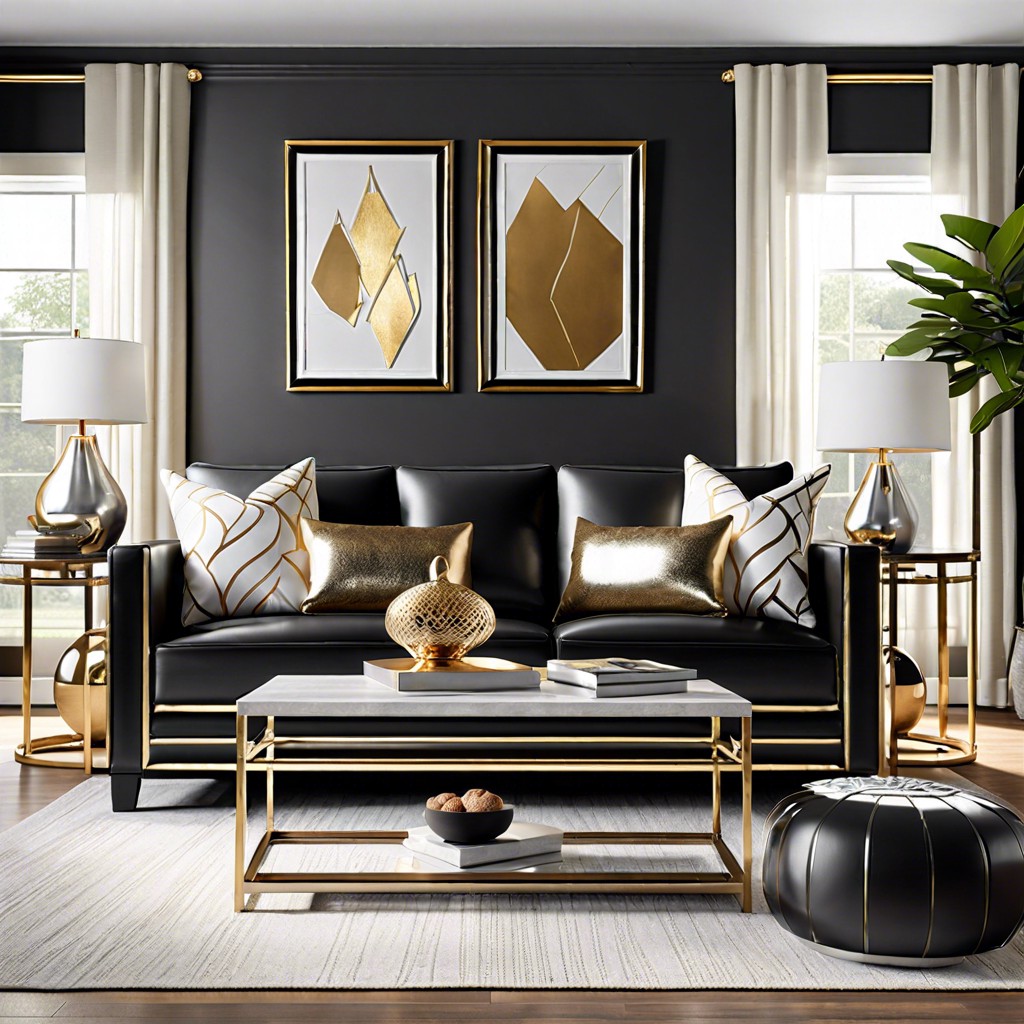 integrate a black leather couch with metallic accents