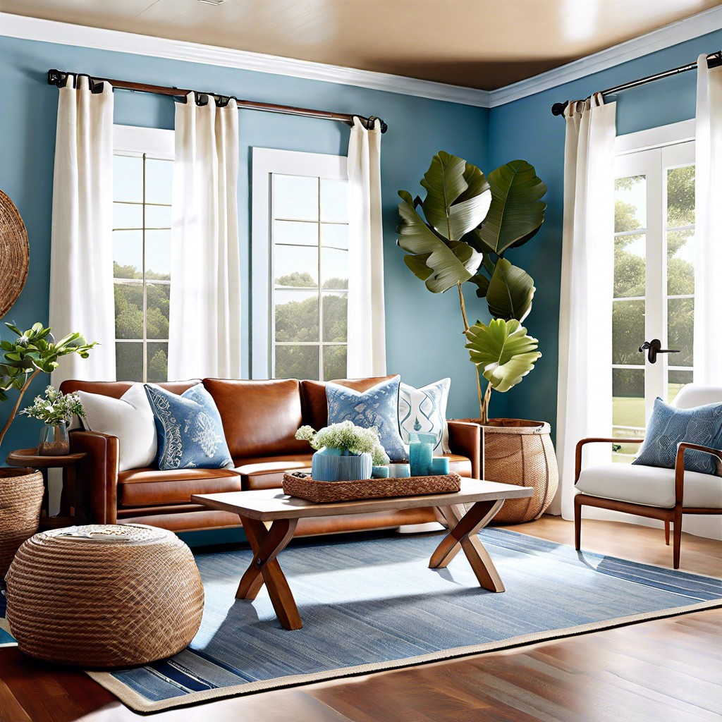integrate a cognac sofa into a coastal inspired room