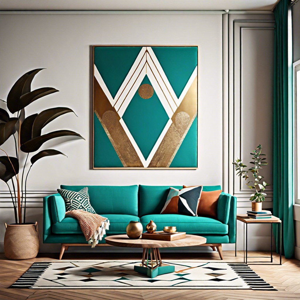 integrate geometric patterns in throws or wall art