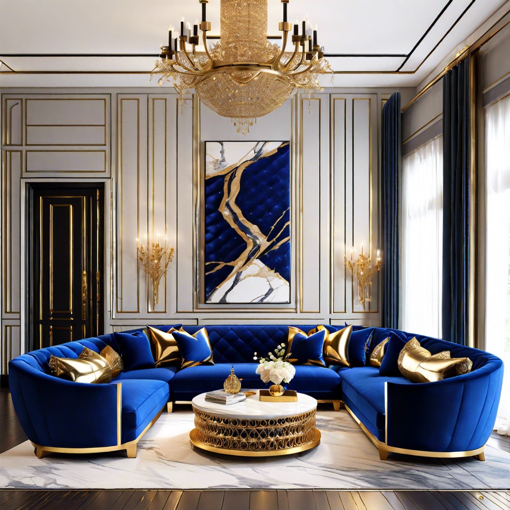 integrate gold accents with a sapphire blue sofa