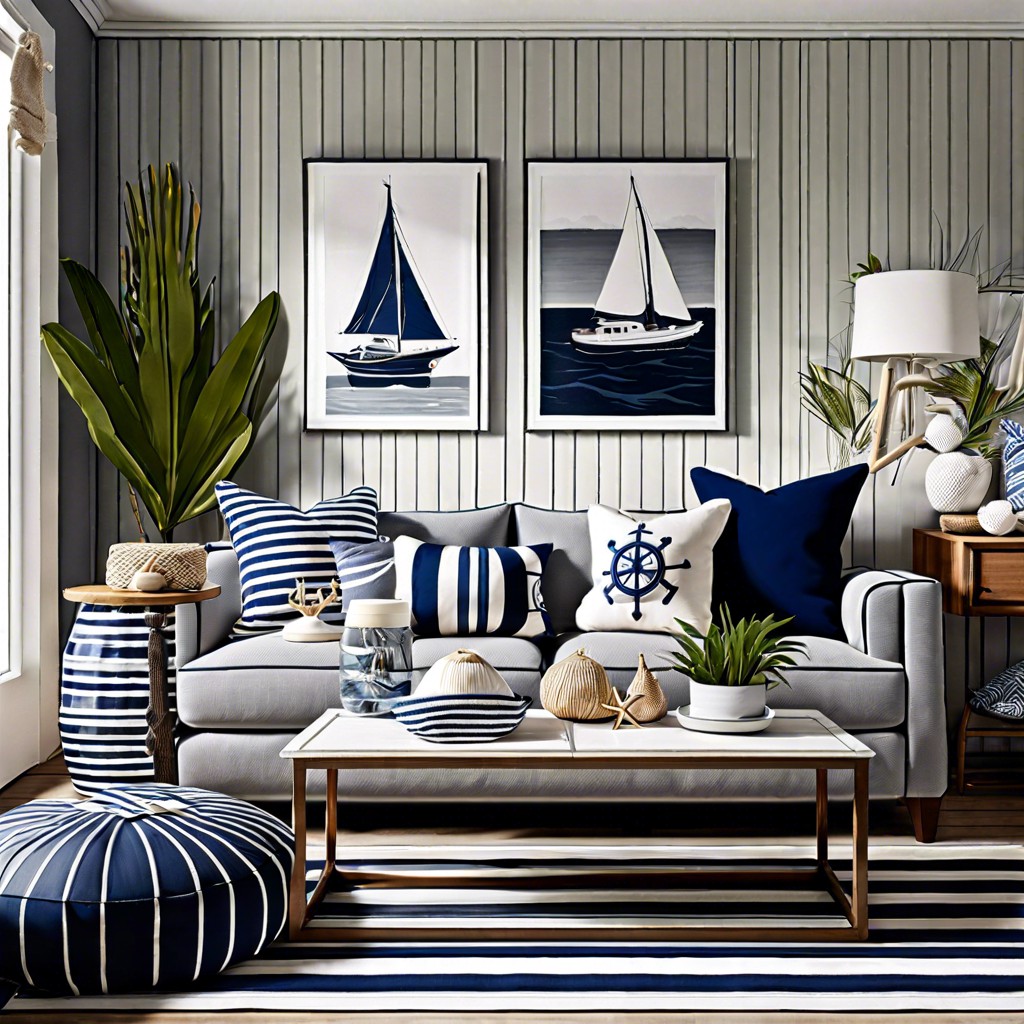 introduce a nautical theme with navy and white stripes alongside a grey sofa