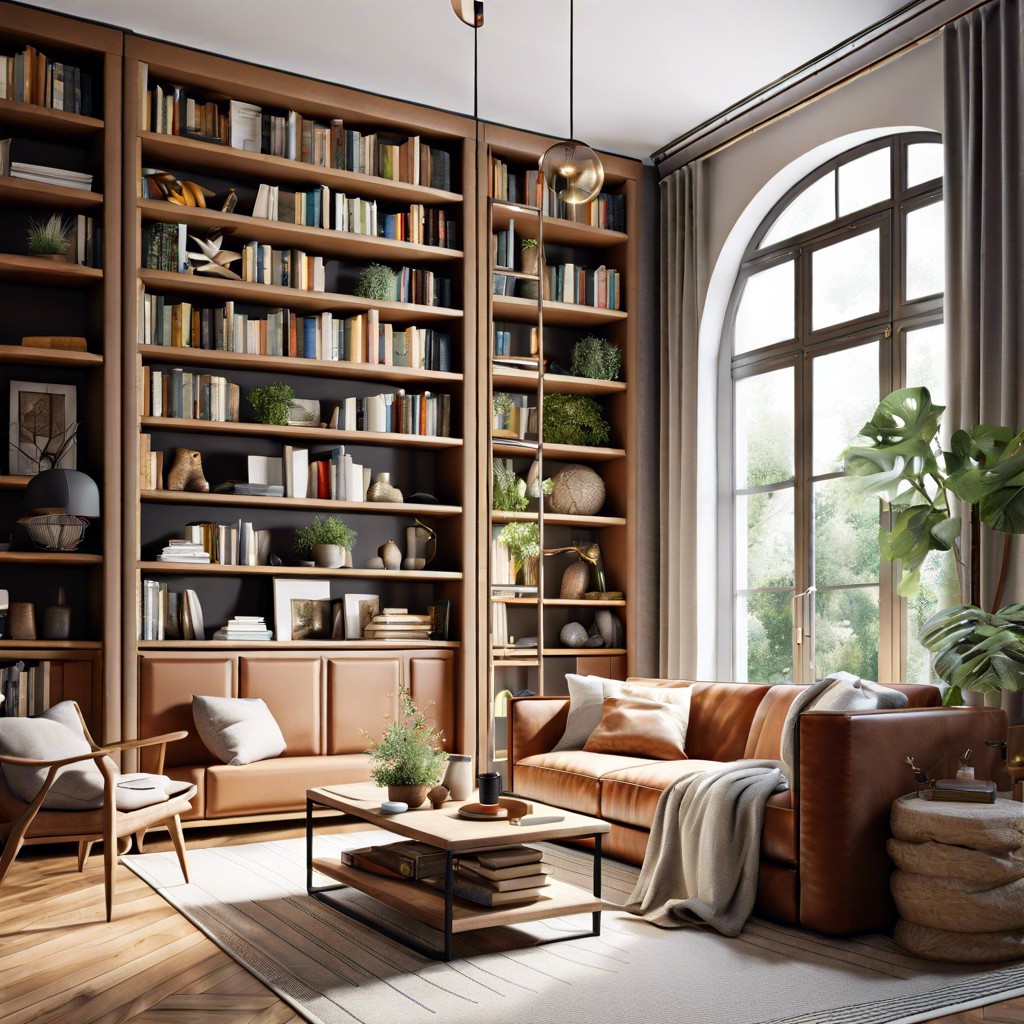 introduce a tall slender bookcase to utilize vertical space