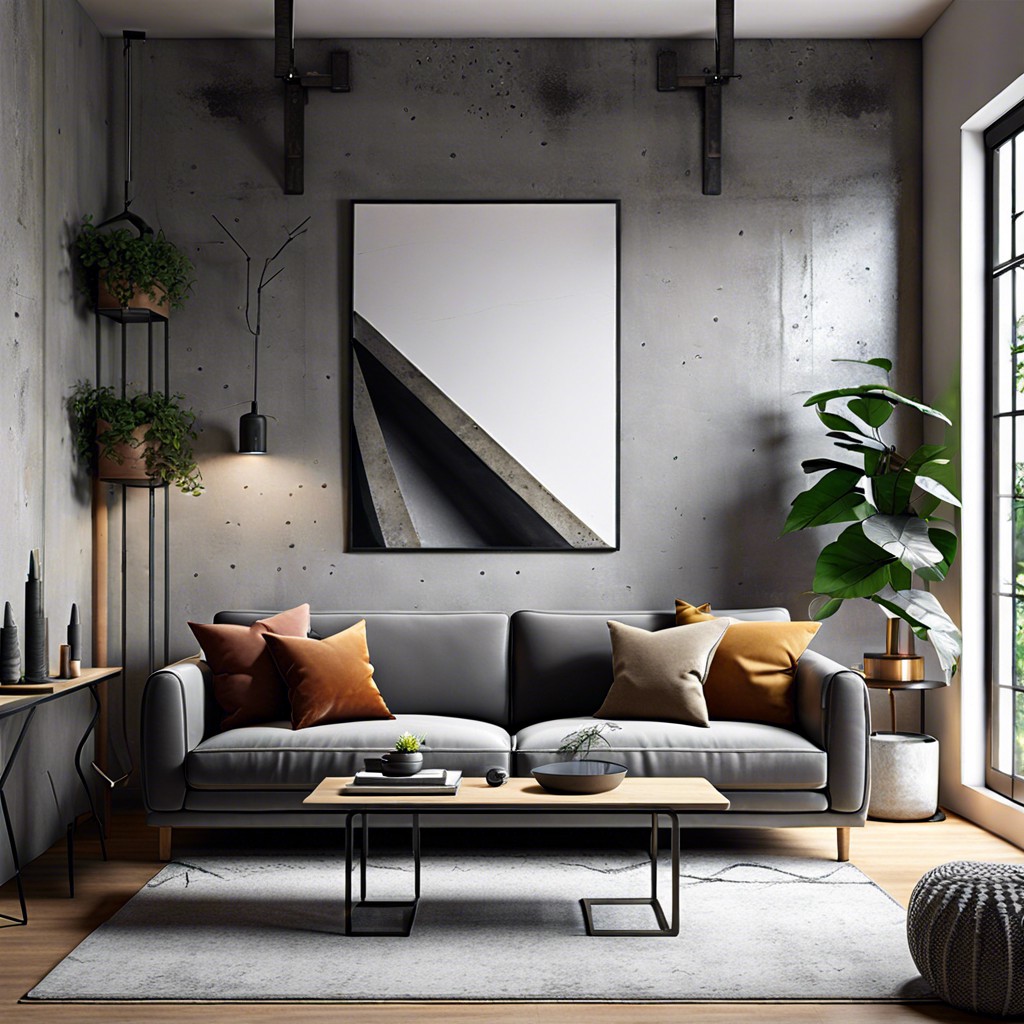 introduce an urban edge with concrete and metal textures around a grey sofa