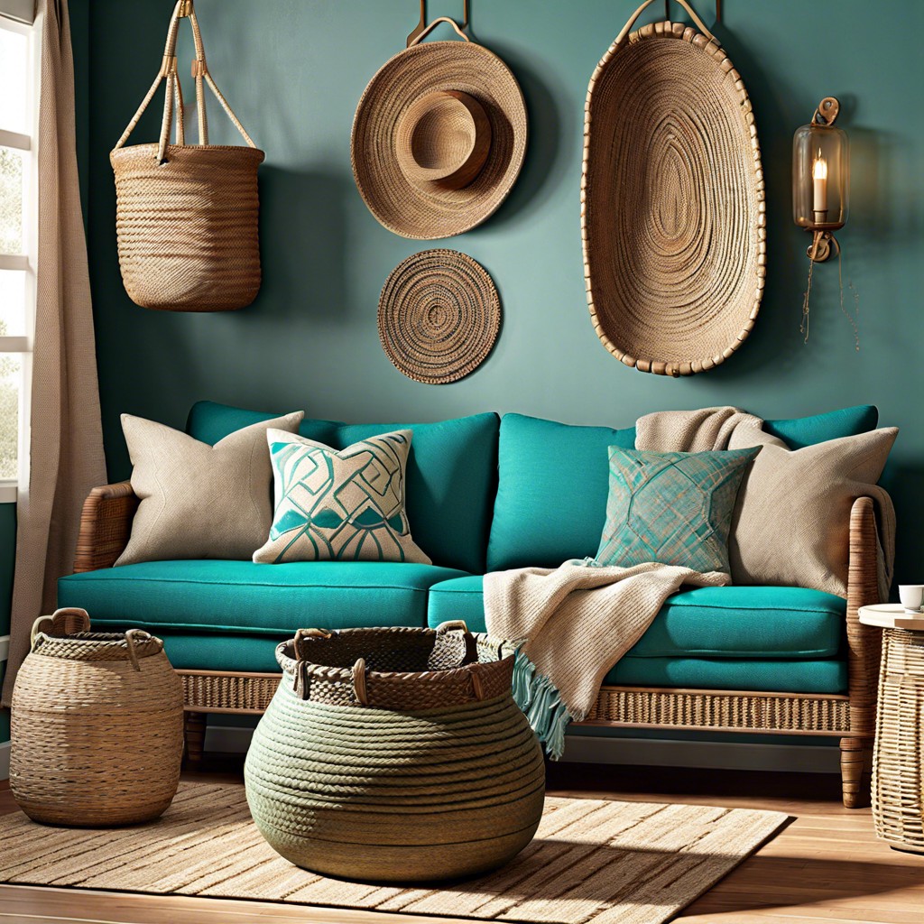 introduce rustic textures such as woven baskets or jute