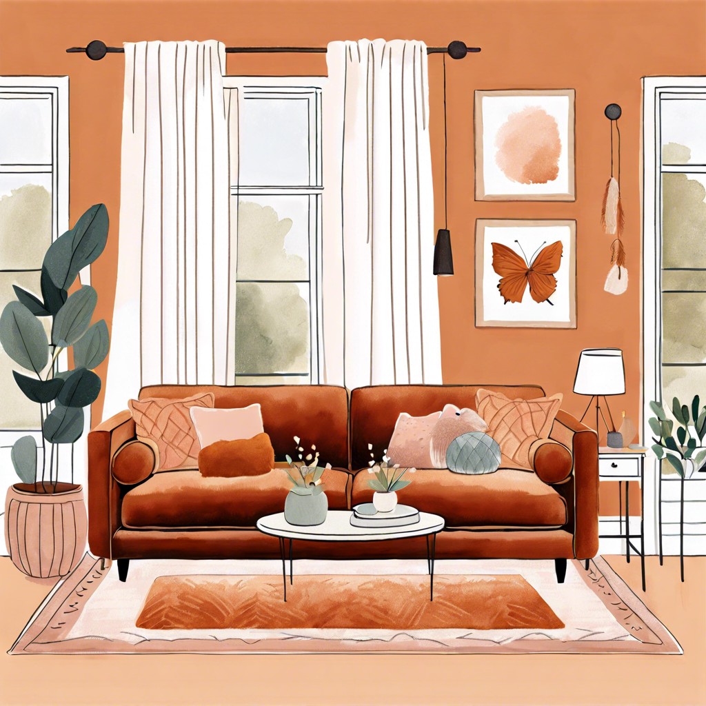 juxtaposing the burnt orange sofa with pastel walls for a soft yet dynamic palette