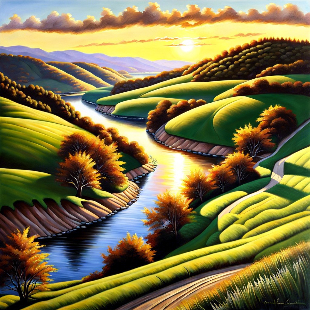 landscape masterpiece simple hills a sun and a river