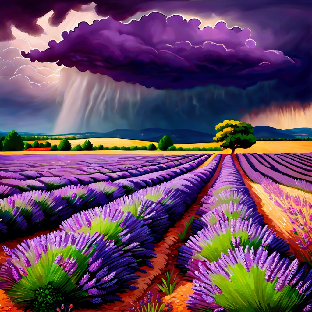 lavender fields with a distant storm