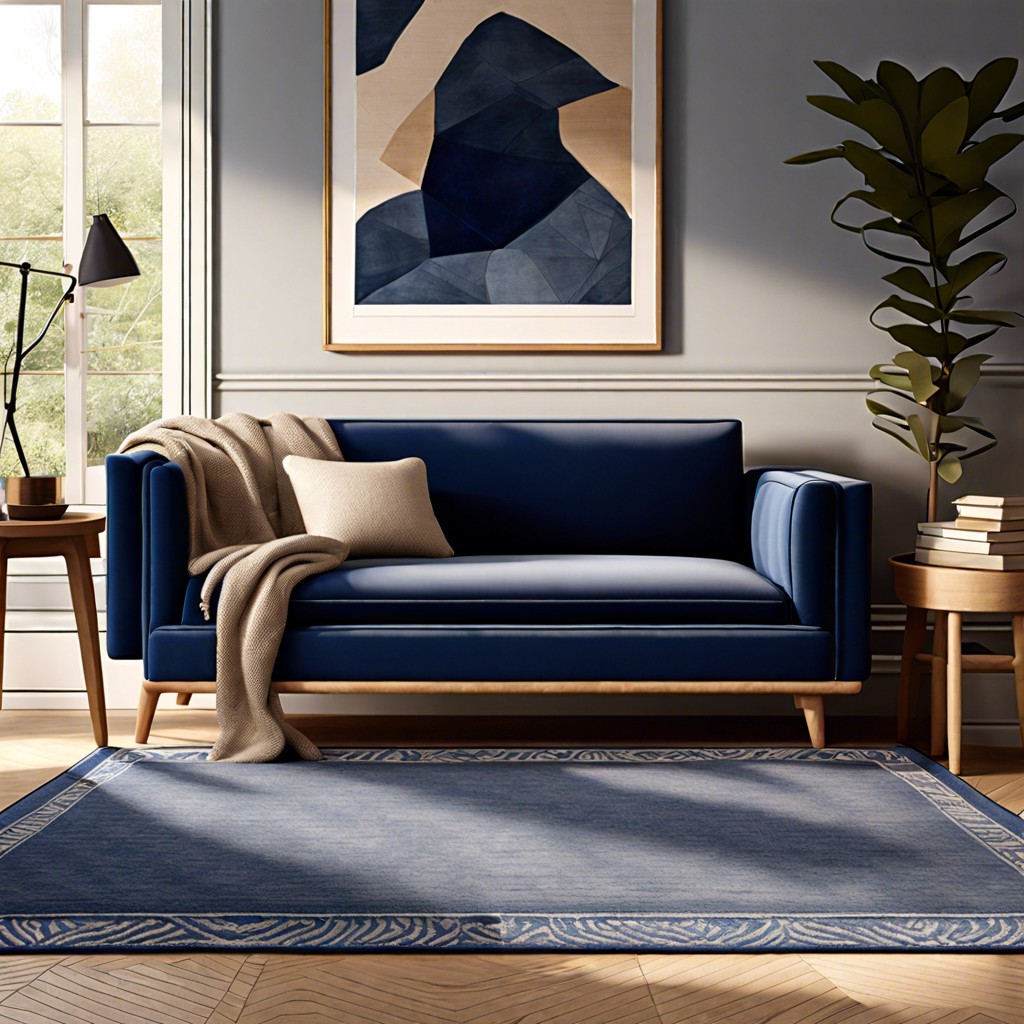 lay a neutral toned jute rug under an indigo sofa