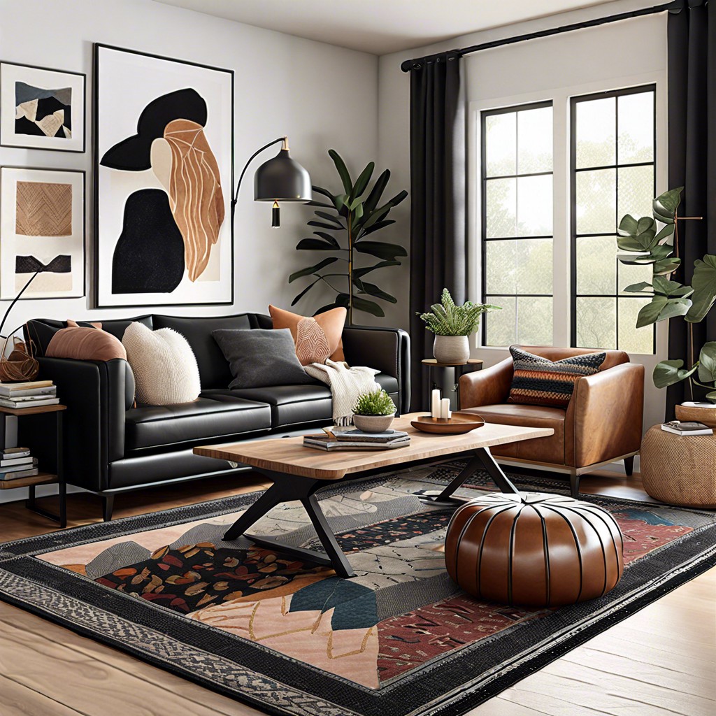 layer multiple rugs beneath a black leather couch for texture