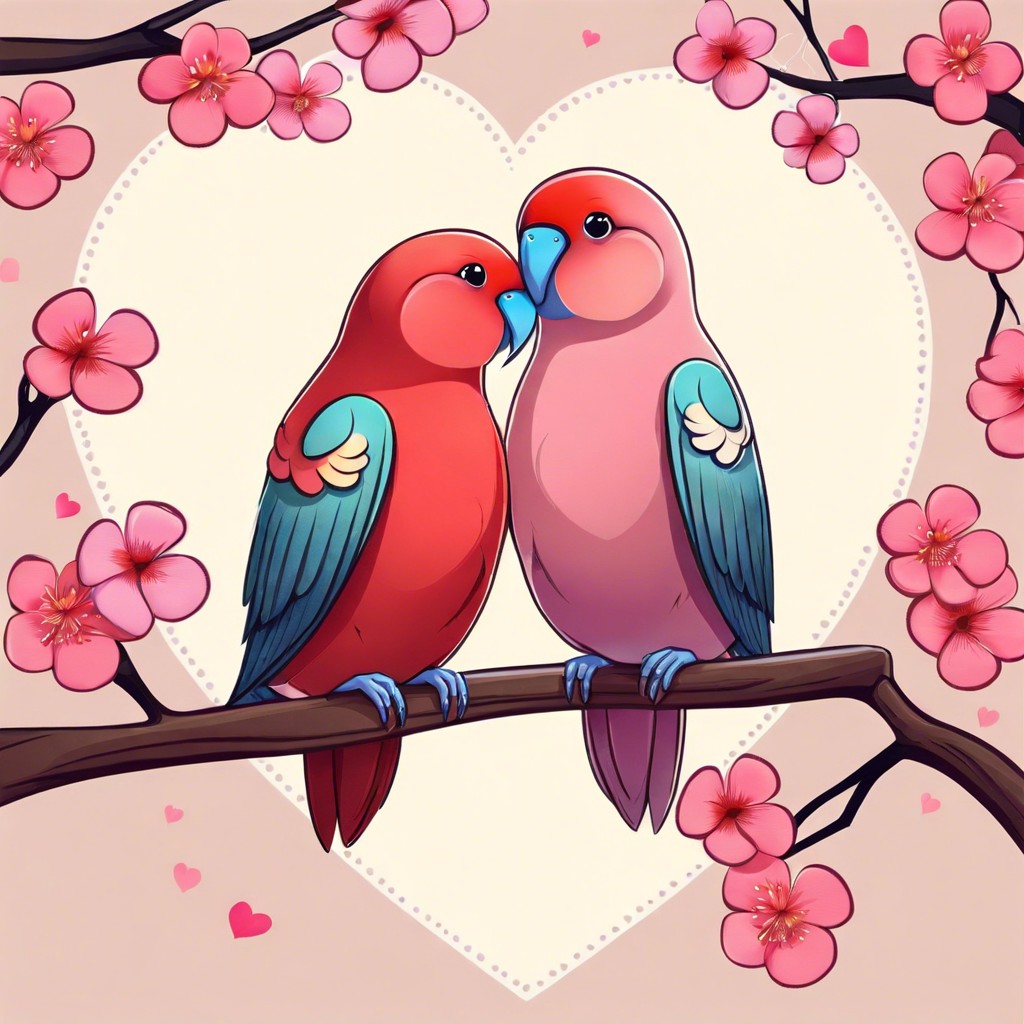 lovebirds on a branch with heart flowers