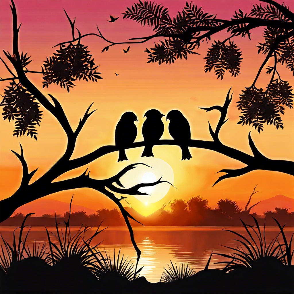 lovebirds silhouette create silhouettes of two birds sitting on a branch against a sunset