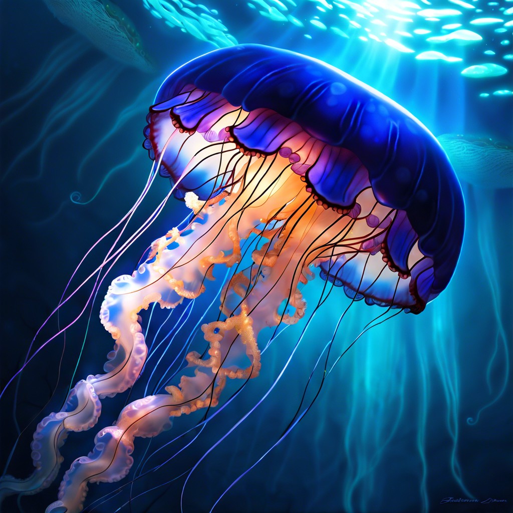 luminous jellyfish in deep ocean blues