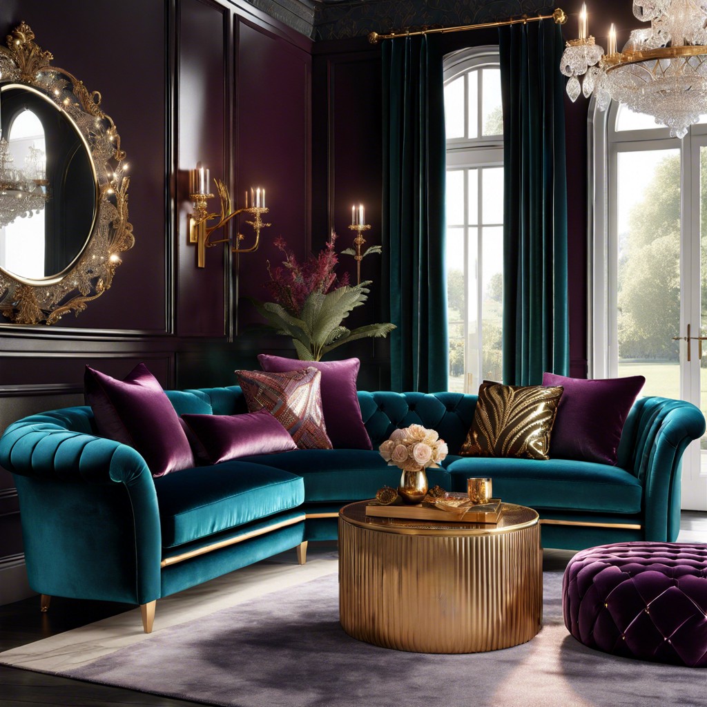 luxe layering velvet sofas with chic shimmering throws