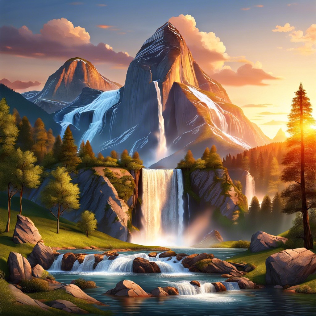 majestic mountain ranges with cascading waterfalls