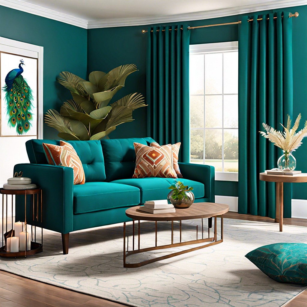 match a peacock blue loveseat with vibrant teal curtains