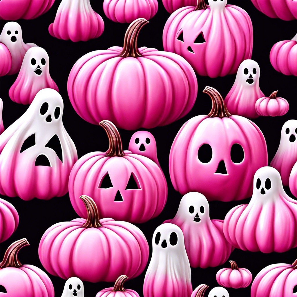 matte pink pumpkin with glossy white ghosts