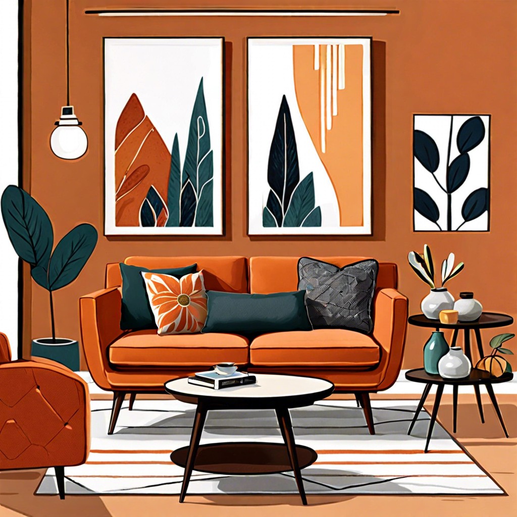 merging burnt orange sofas with a retro vibe and mid century modern furnishings