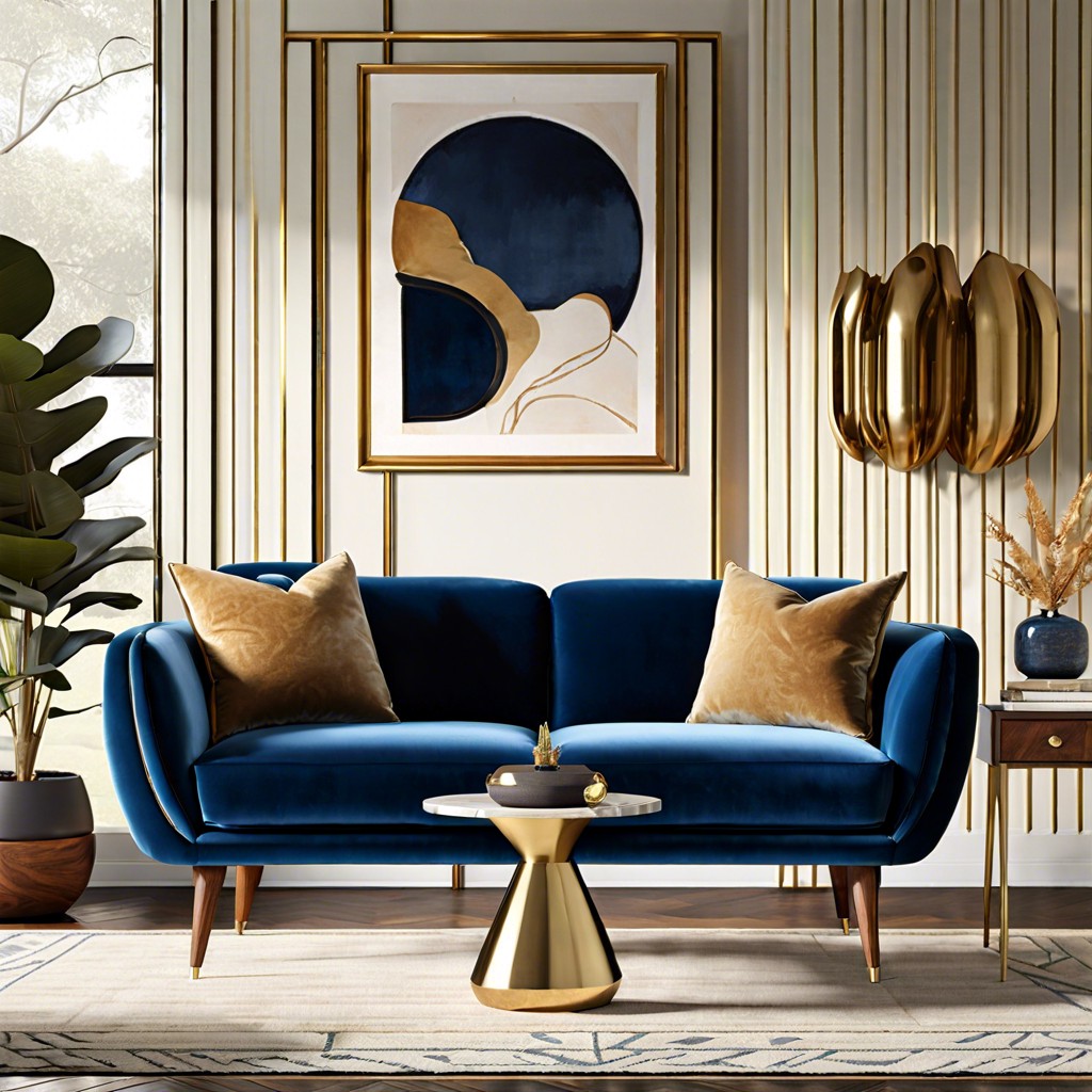 mid century modern meets luxe blue velvet and tapered wooden legs