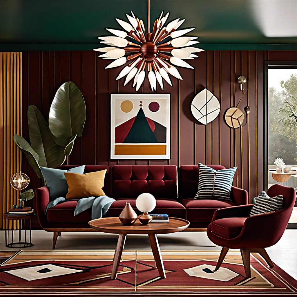 mid century modern revival use clean lines and retro accessories to complement the burgundy sofa