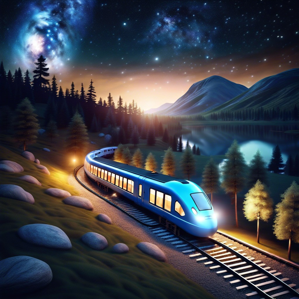 midnight train a lone illuminated train traveling through a dreamy nocturnal landscape