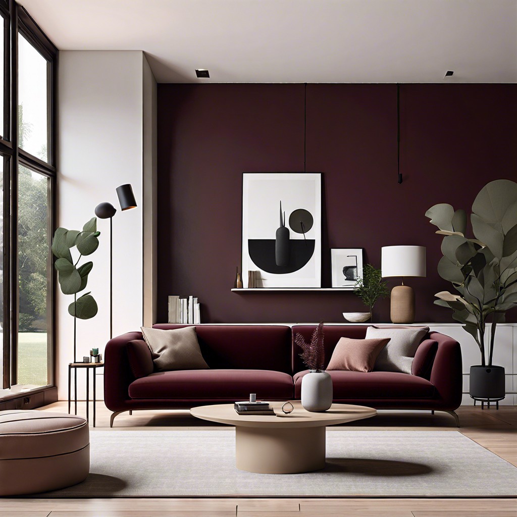minimalist approach use the burgundy sofa as the standout piece among simple sleek furniture