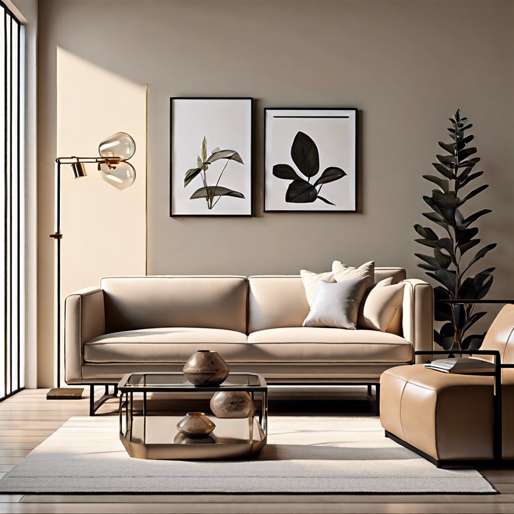 minimalist beige couch with metal and glass highlights
