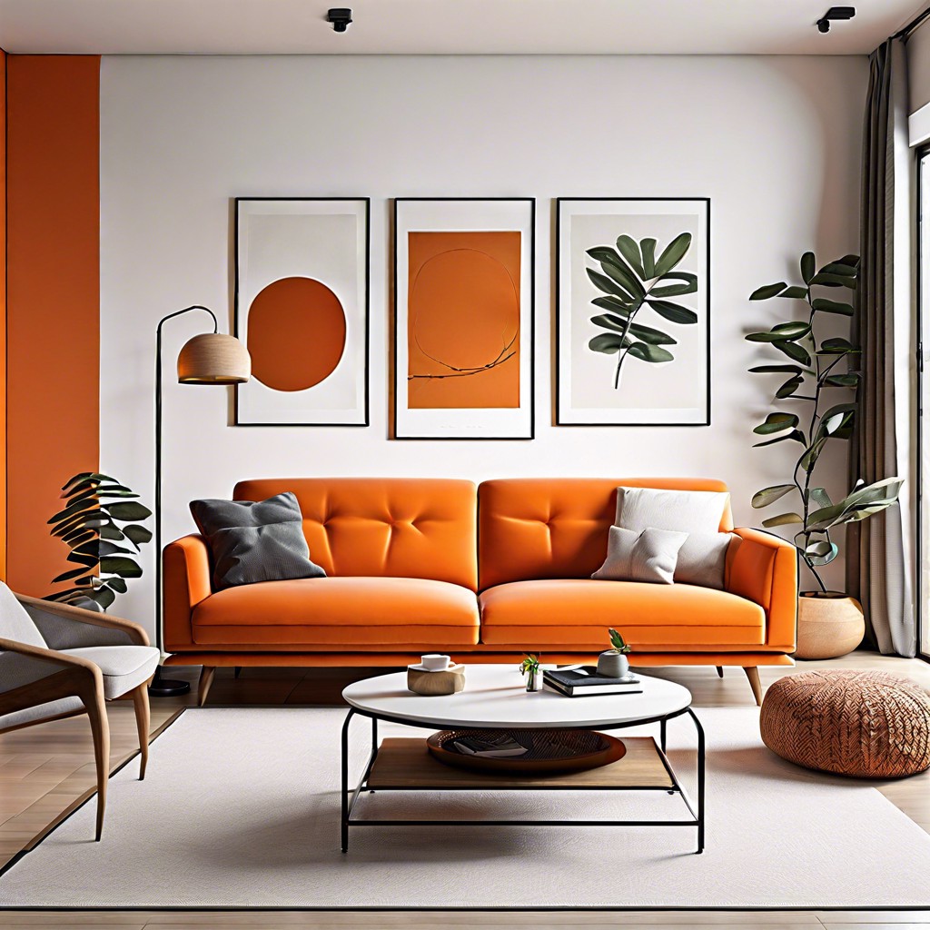 minimalist design using the orange couch as the focal point against white walls