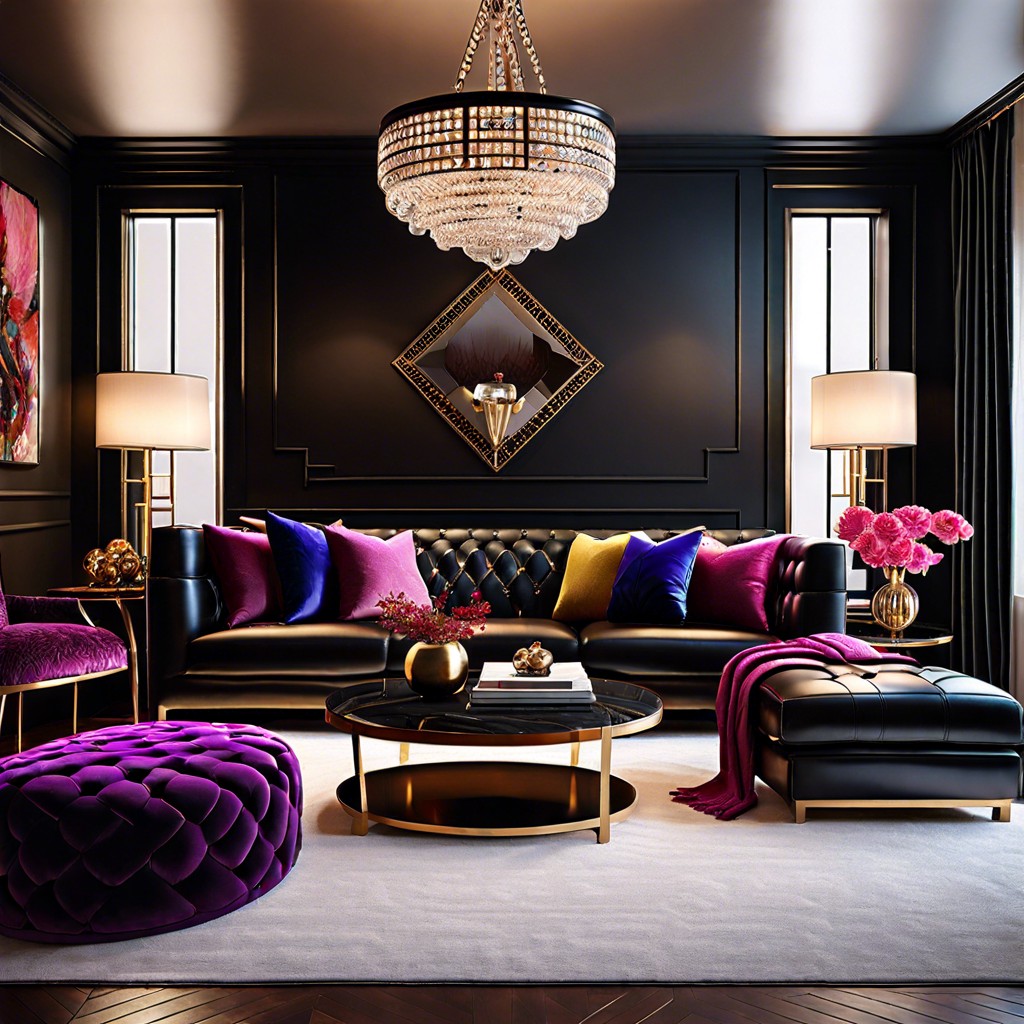 mix a black couch with jewel tones for a luxe look