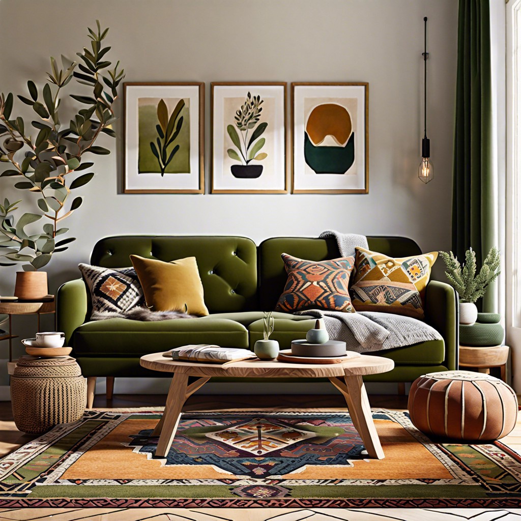 mix and match olive green sofa with patterned rugs