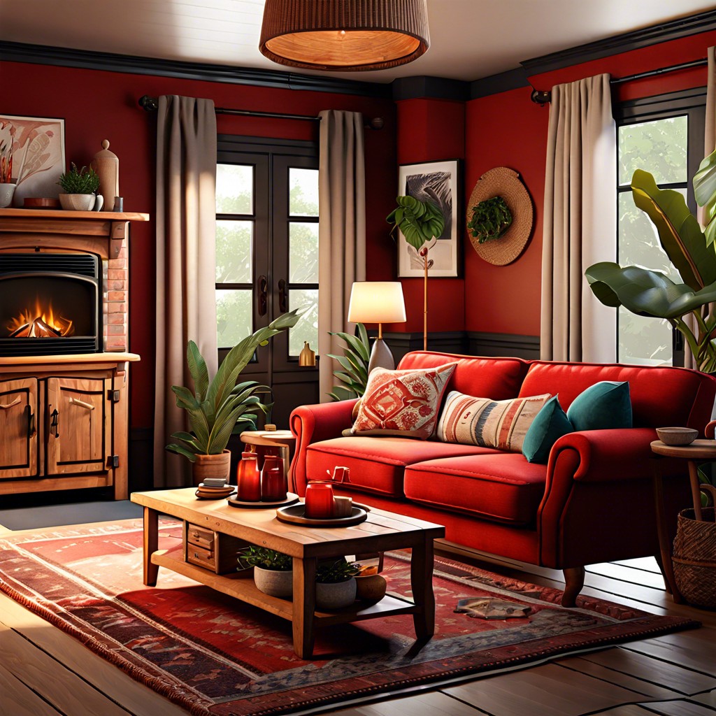 mix the red couch with vintage wood furniture for a rustic look