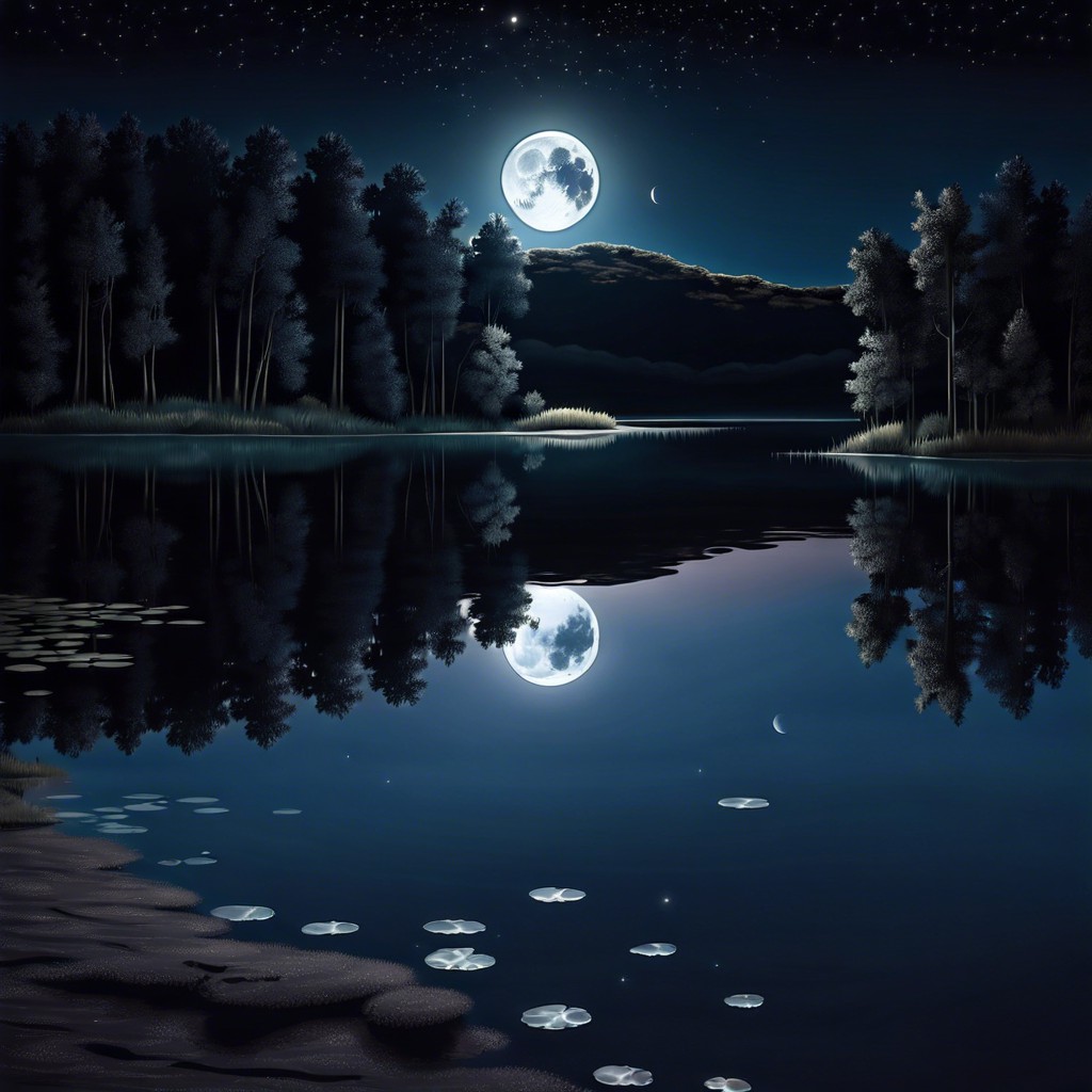 moon reflected on a serene lake