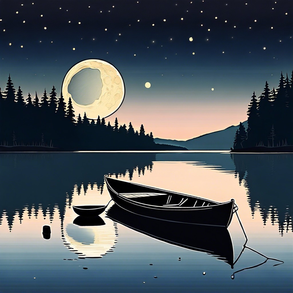 moonlit lake with a small boat