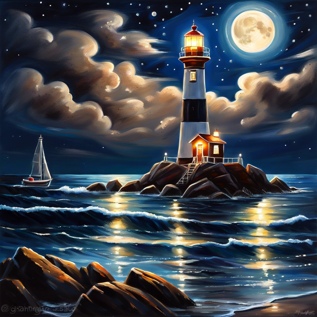 moonlit sea with a glowing lighthouse