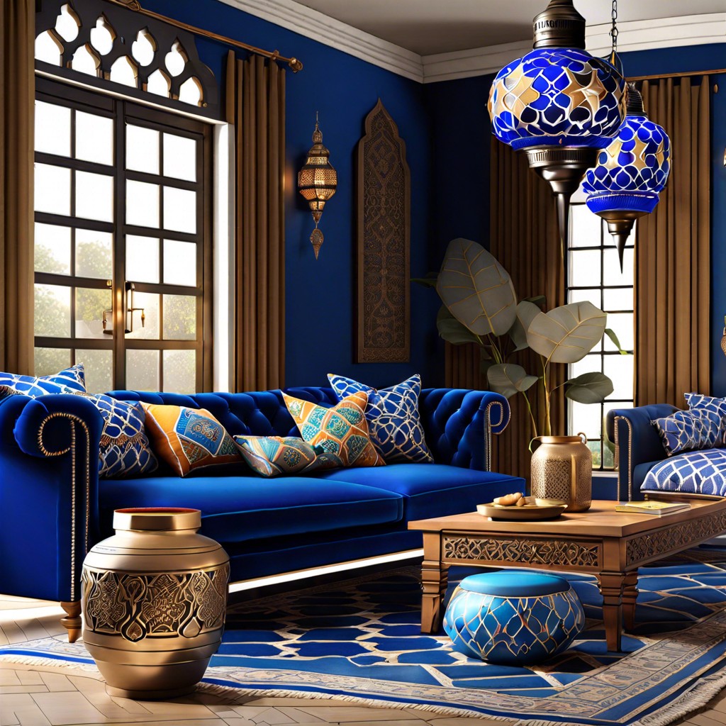 moroccan inspired include ornate moroccan lanterns and patterned cushions