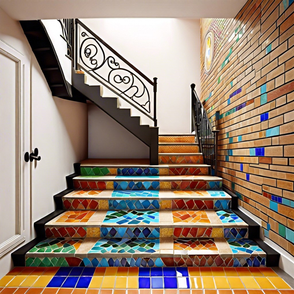 mosaic tiles cover steps and landing with colorful tiles