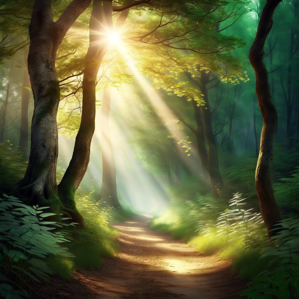 mystical forest ethereal woodland path with light filtering through trees